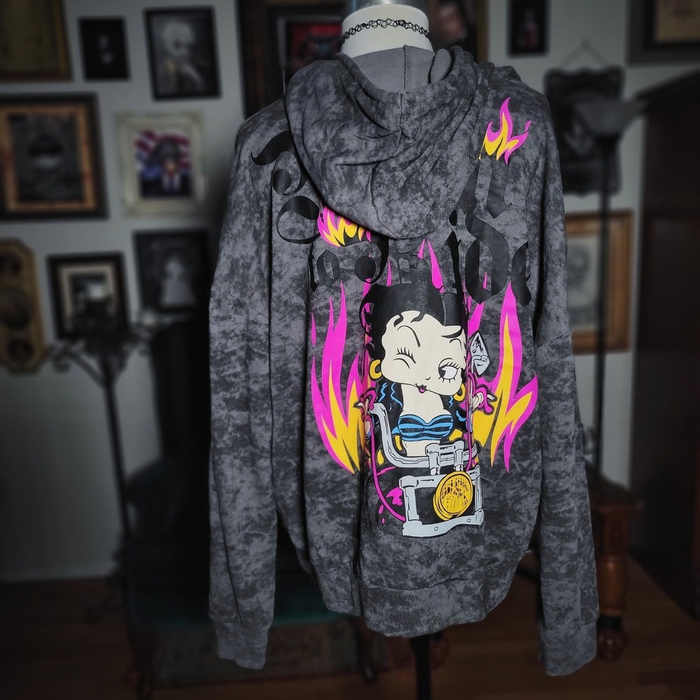 Betty Boop Hoodie Motorcycle Club Los Angeles Acid Wash Grey Pink Graphic XL 79 - Picture 6 of 8